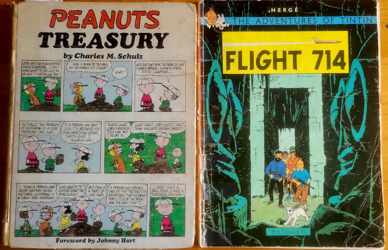 Image shows copies of Peanuts Treasury, by Charles M. Schulz, and Flight 714, by Herge.