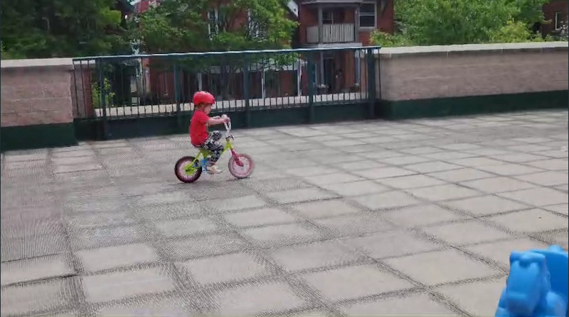 Photo shows Baobao riding her bicycle on a large roof.